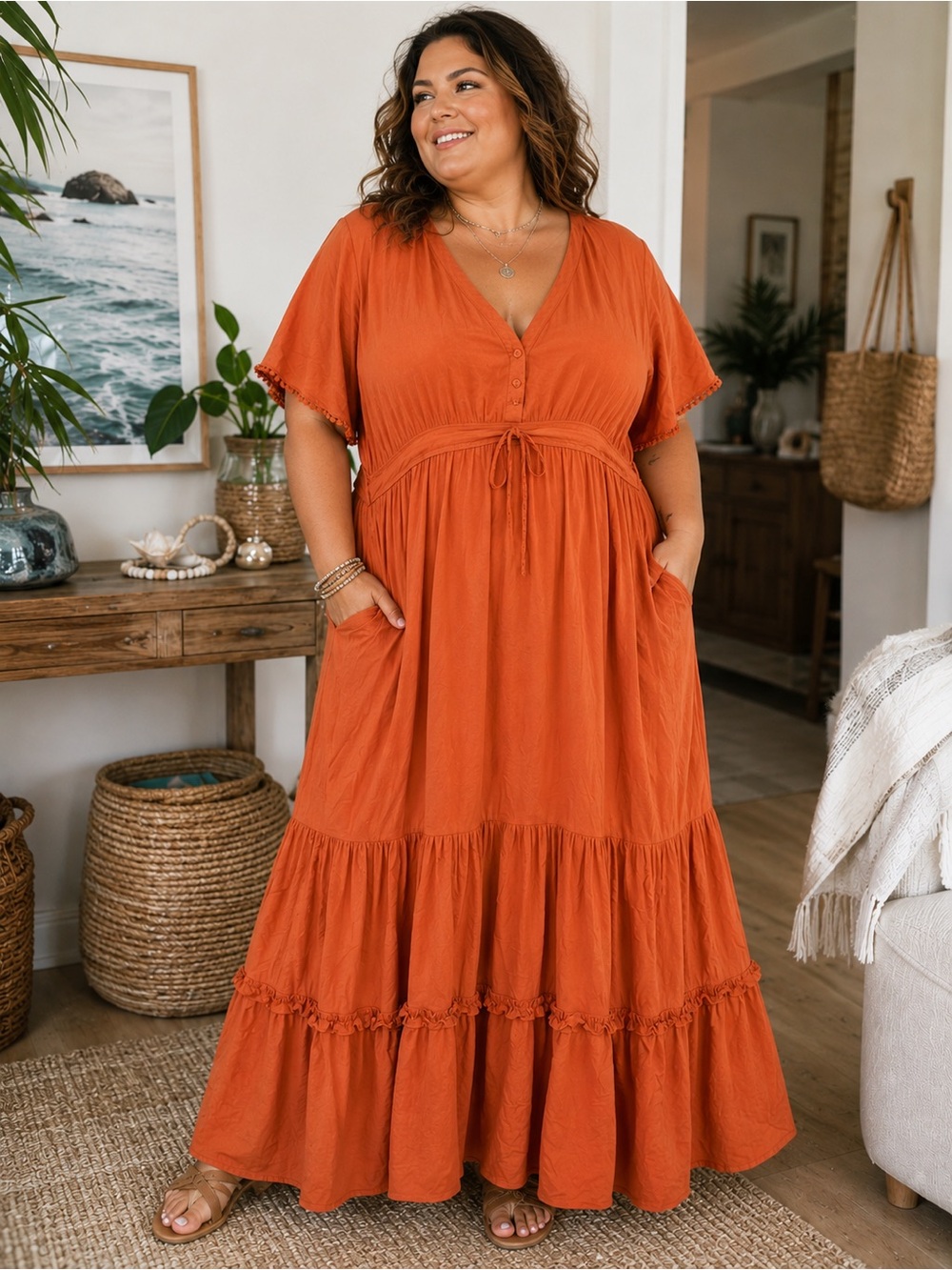 R Vivimos XL Oversized Boho Coastal Hippie Feminine Maxi Tiered Dress Rust